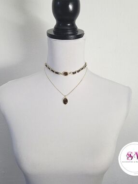 Gold-Tone Double Layer Necklace with Brown Gem Pendants
